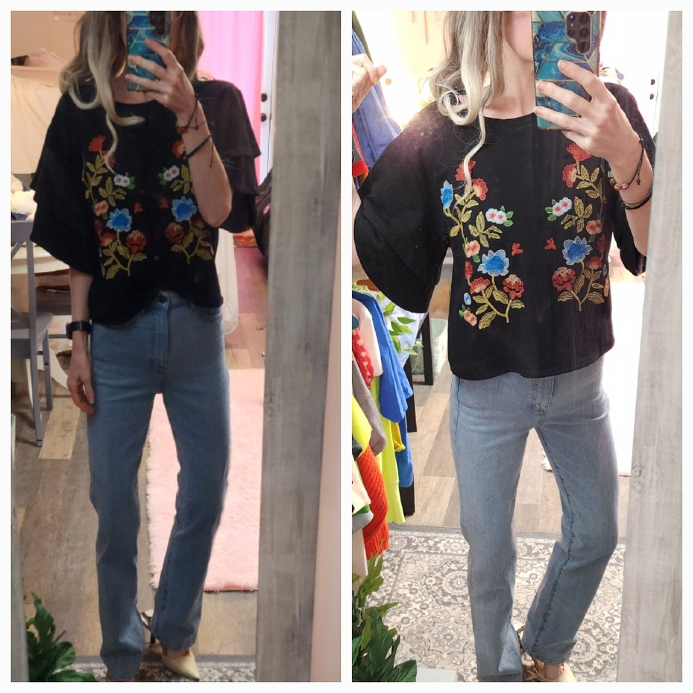 Anthropologie Moon River Embroidered Ruffle Short Sleeve Sweatshirt Top
